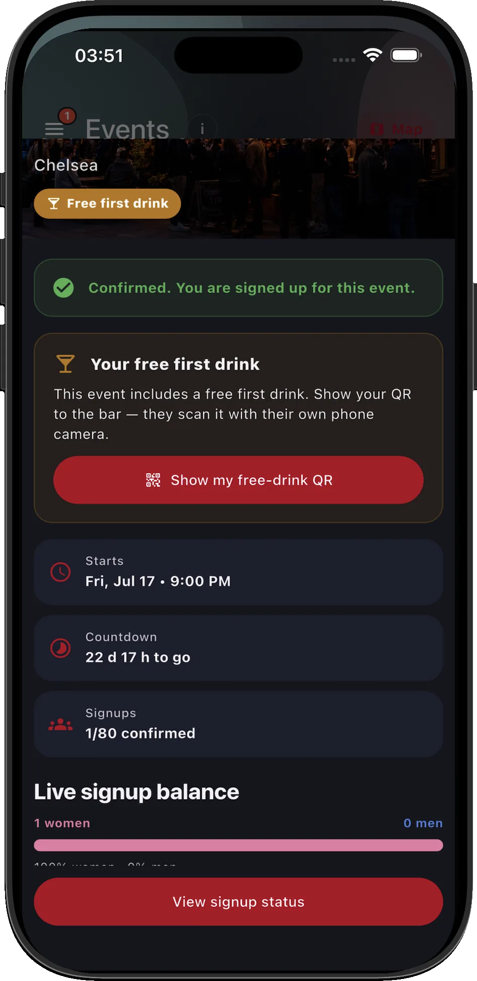 Event signup confirmed, with a free first drink QR and live signup balance