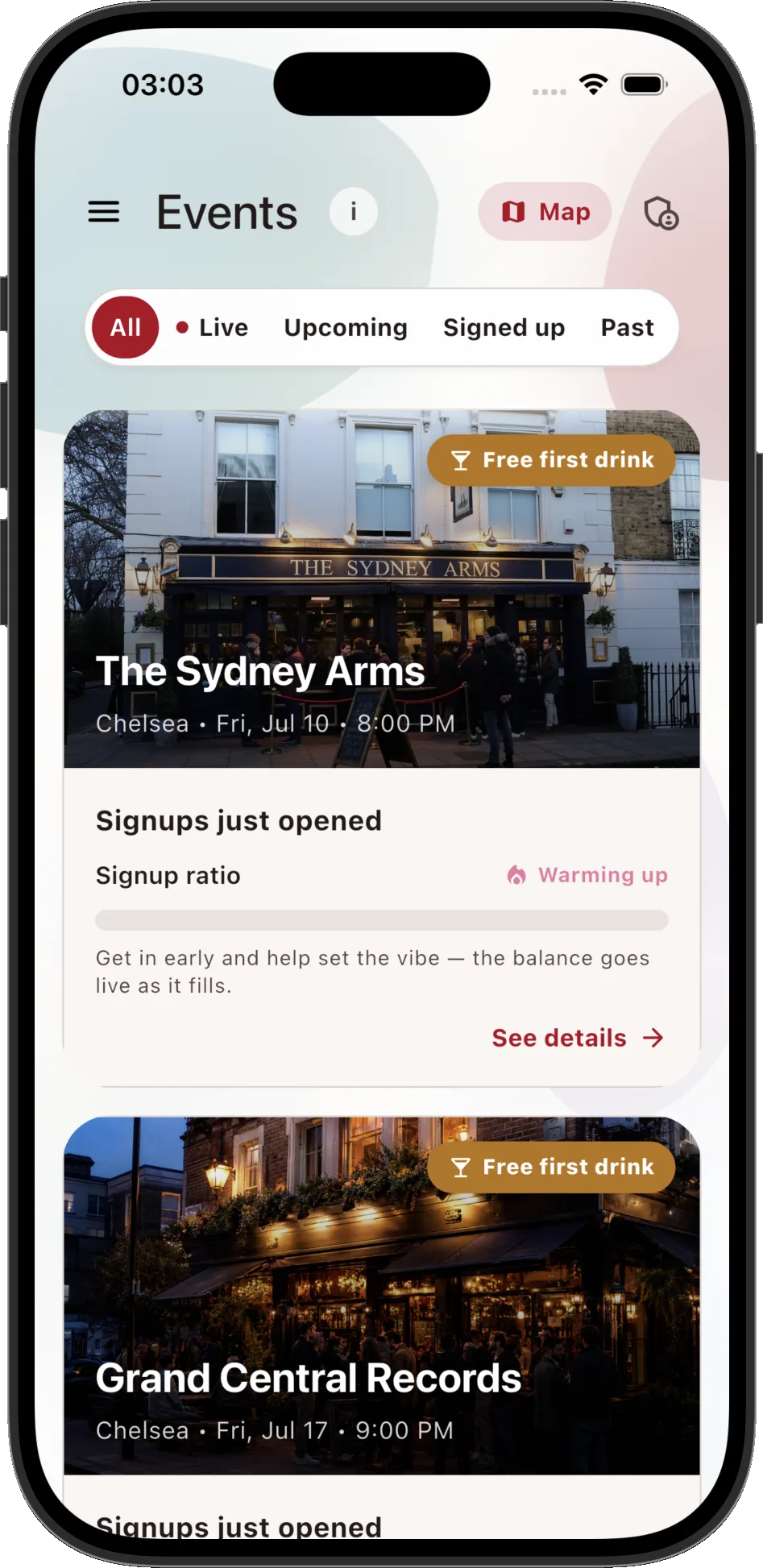 Glance showing verified people nearby who are open to meeting tonight