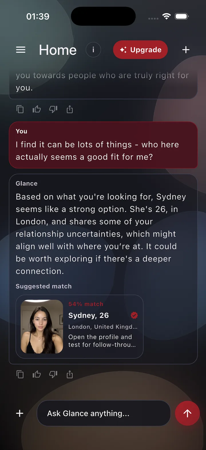 Glance Chat conversation recommending Sydney, 26 as a suggested match with a written reason