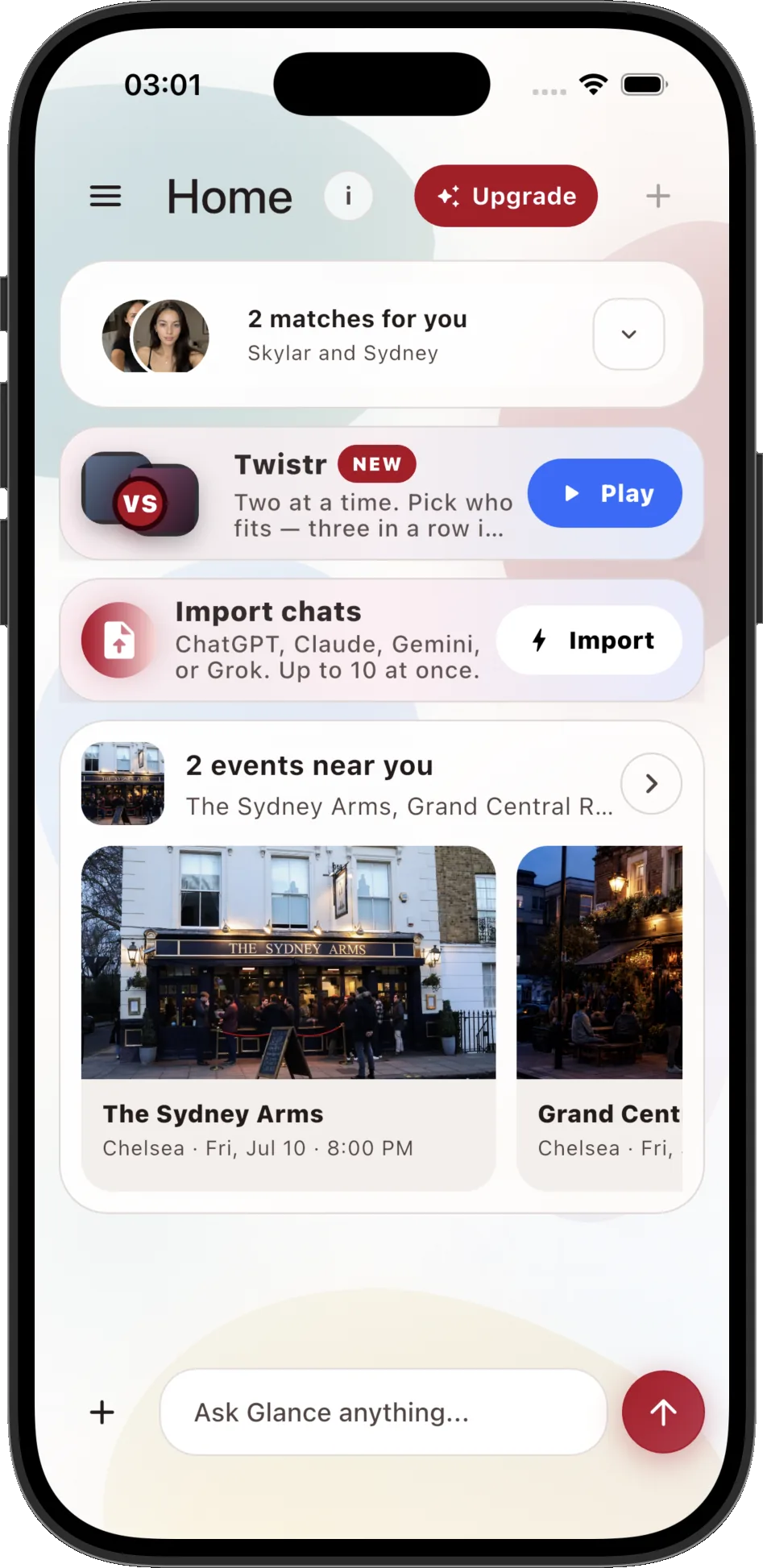 Glance home screen showing your match, Twistr and nearby venues