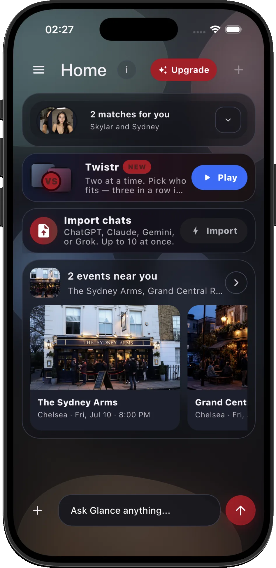 Glance home screen with matches, Twistr and events near you