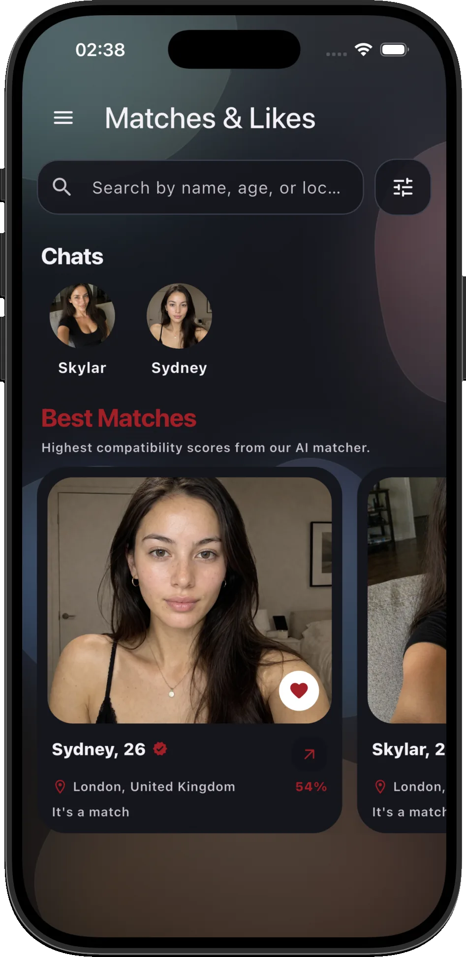 Matches and likes screen showing verified best matches