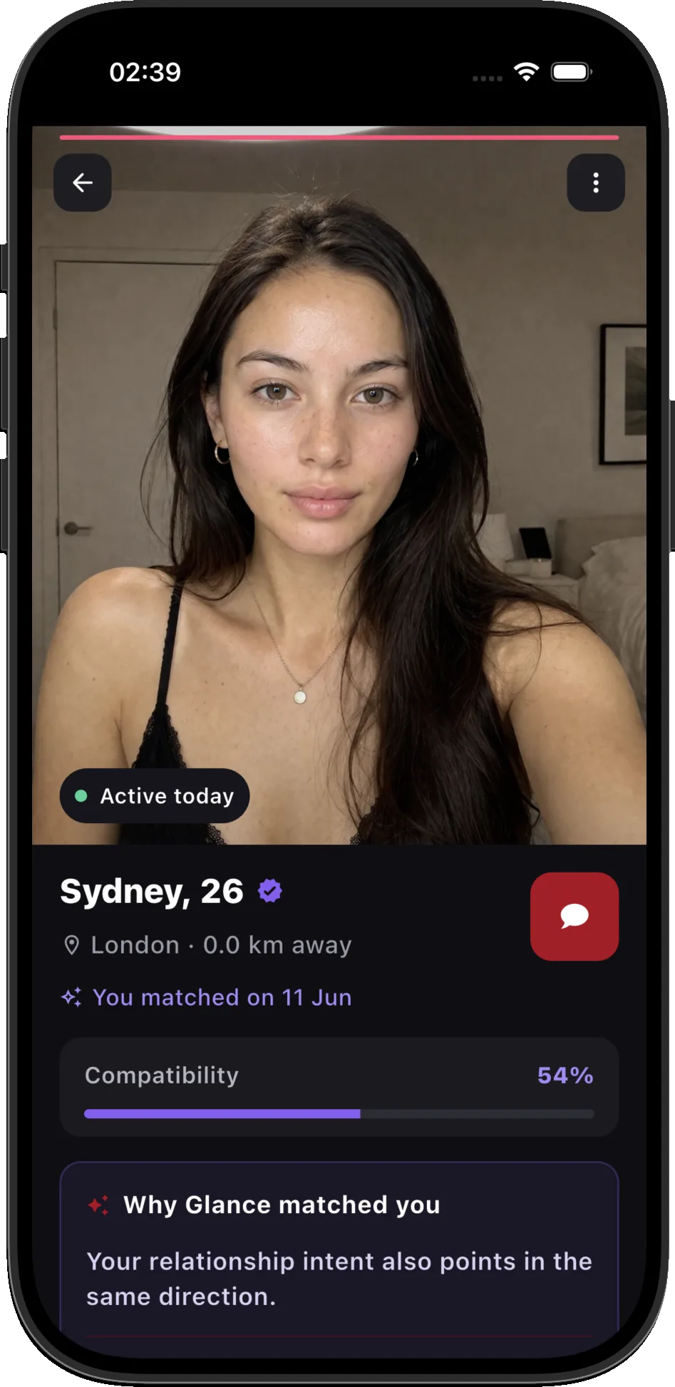A verified match profile showing who's active and your compatibility