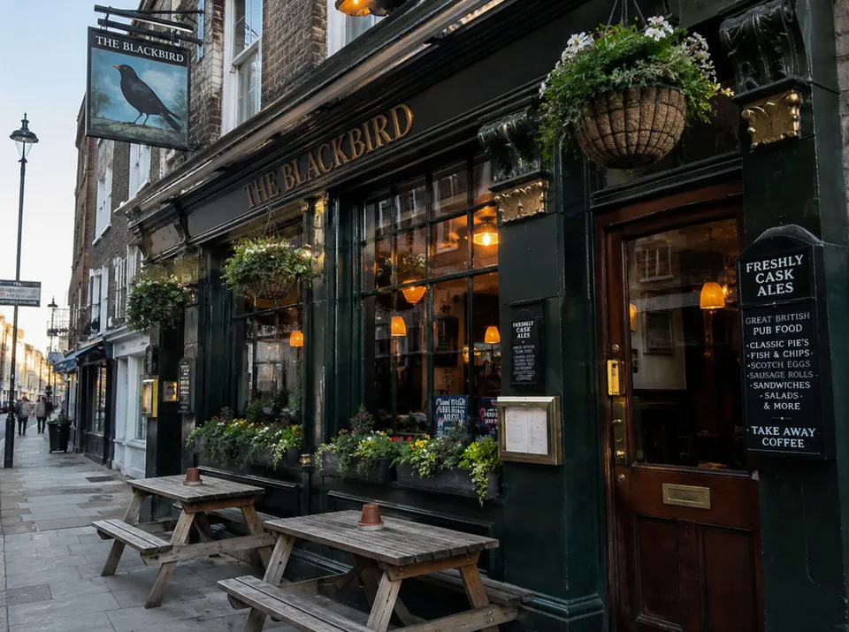 A traditional pub exterior with picnic benches and hanging flower baskets