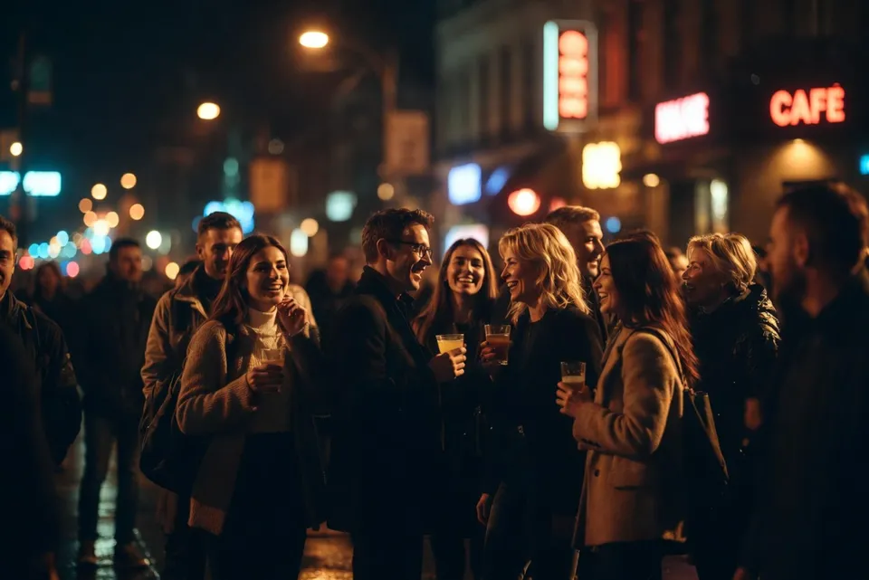 A group of friends laughing with drinks on a lively street at night