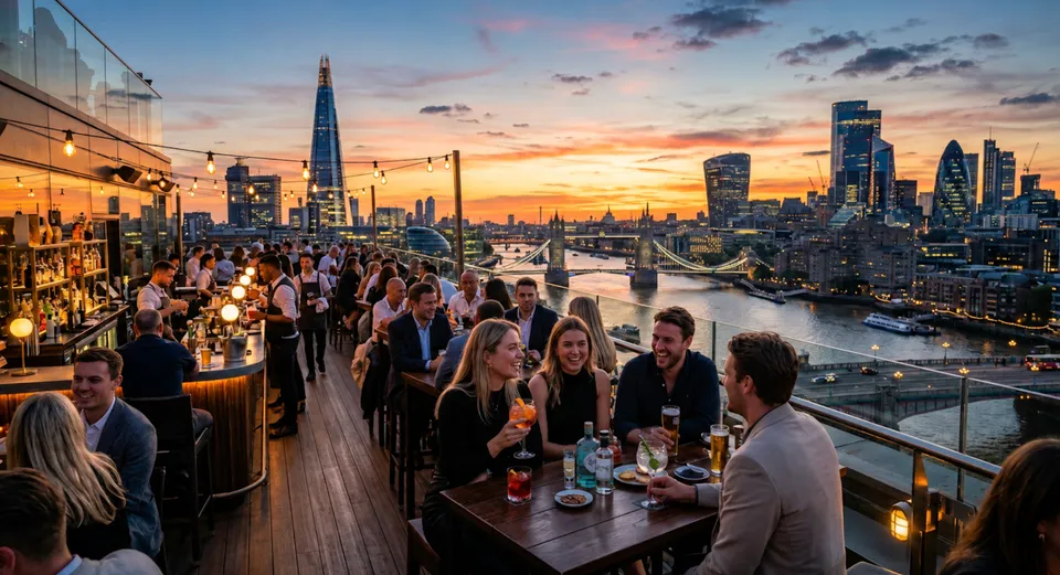 Friends having drinks at a rooftop bar overlooking the London skyline at sunset
